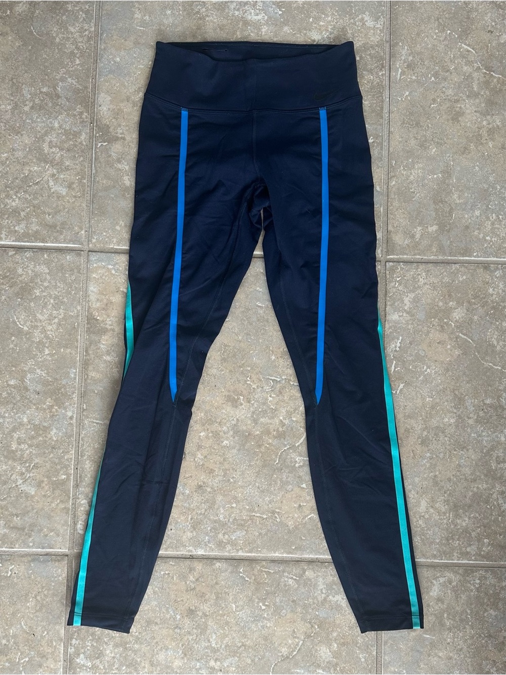 Nike DriFit Running Blue Leggings with Blue and Teal Stripe Accents